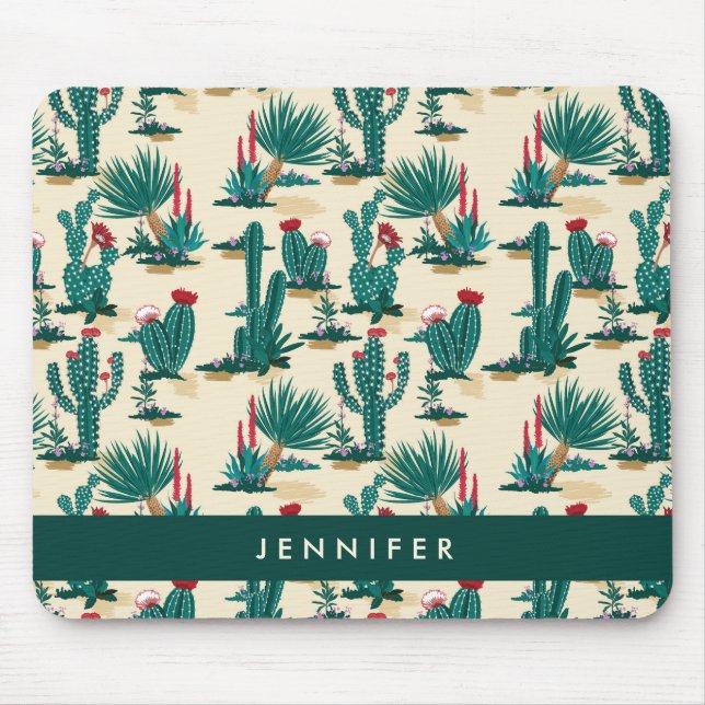 Add Your Name | Green & Red Cactus Pattern Mouse Mat (Front)