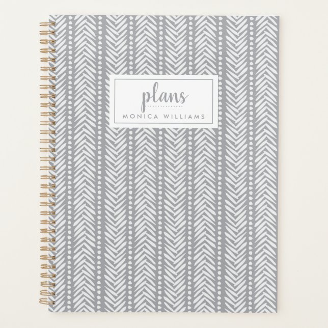 Add Your Name | Grey Hand Drawn Chevron Pattern Planner (Front)