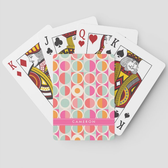 Add Your Name | Hot Pink Retro Circle Pattern Playing Cards (Back)
