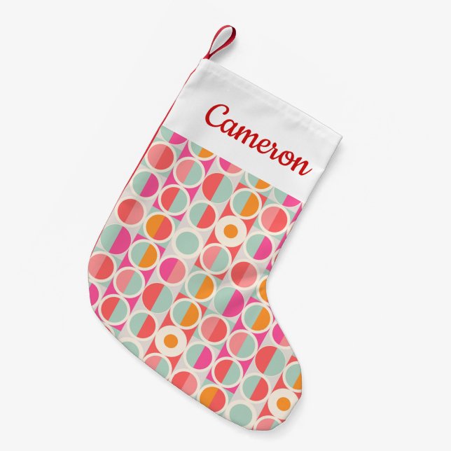 Add Your Name | Hot Pink Retro Circle Pattern Small Christmas Stocking (Front (Hanging))