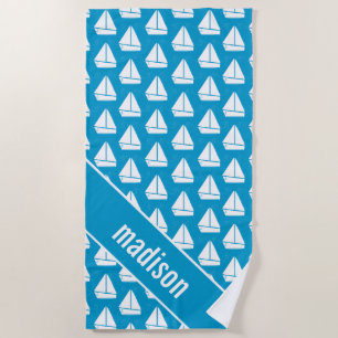 Add Your Name Light Blue Sailboat Pattern Beach Towel
