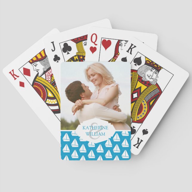Add Your Name | Light Blue Sailboat Pattern Playing Cards (Back)