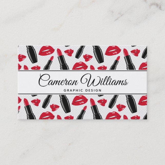 Add Your Name | Lipstick And Lips Polka Dot Patter Business Card (Front)
