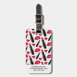 Add Your Name Lipstick And Lips Polka Dot Patter Luggage Tag