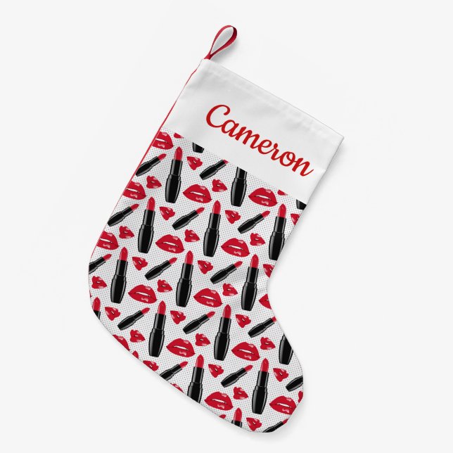 Add Your Name | Lipstick And Lips Polka Dot Patter Small Christmas Stocking (Front (Hanging))