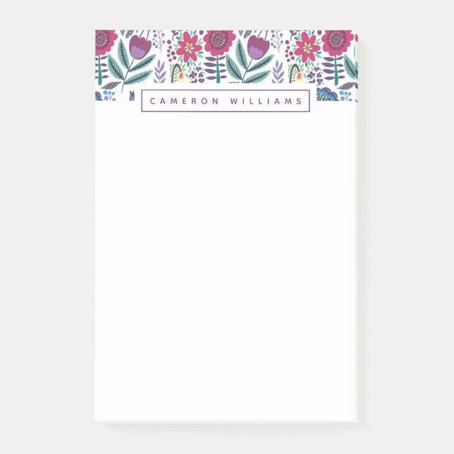 Add Your Name | Magenta Folk Art Floral Pattern Post-it Notes (Front)
