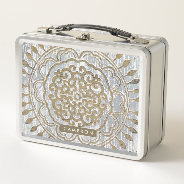 Add Your Name | Mandala Gold Design Metal Lunch Box (Front)