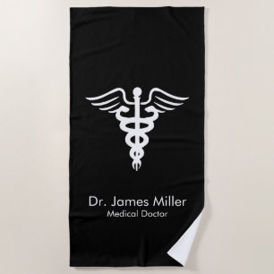 Add Your Name Medical Caduceus Symbol Black  Beach Towel