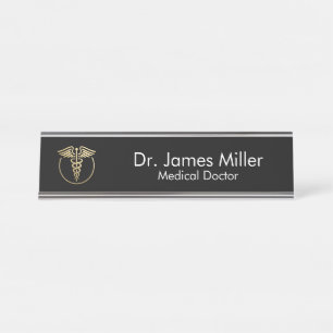 Add Your Name Medical Caduceus Symbol Black Gold   Desk Name Plate