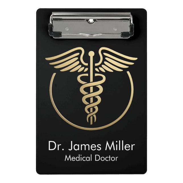 Add Your Name Medical Caduceus Symbol Black Gold Mini Clipboard (Front)