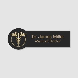 Add Your Name Medical Caduceus Symbol Black Gold   Name Tag