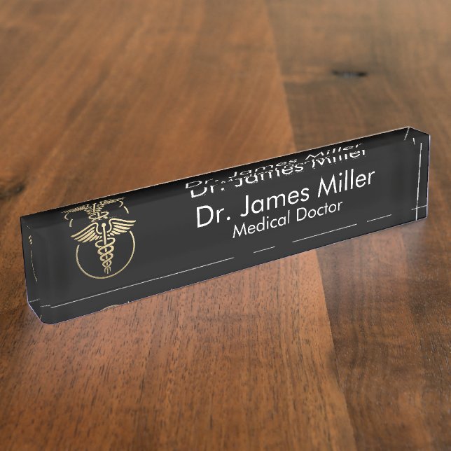 Add Your Name Medical Caduceus Symbol Black Gold   Nameplate (Side)