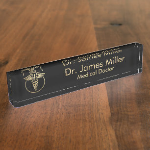 Add Your Name Medical Caduceus Symbol Black Gold   Nameplate