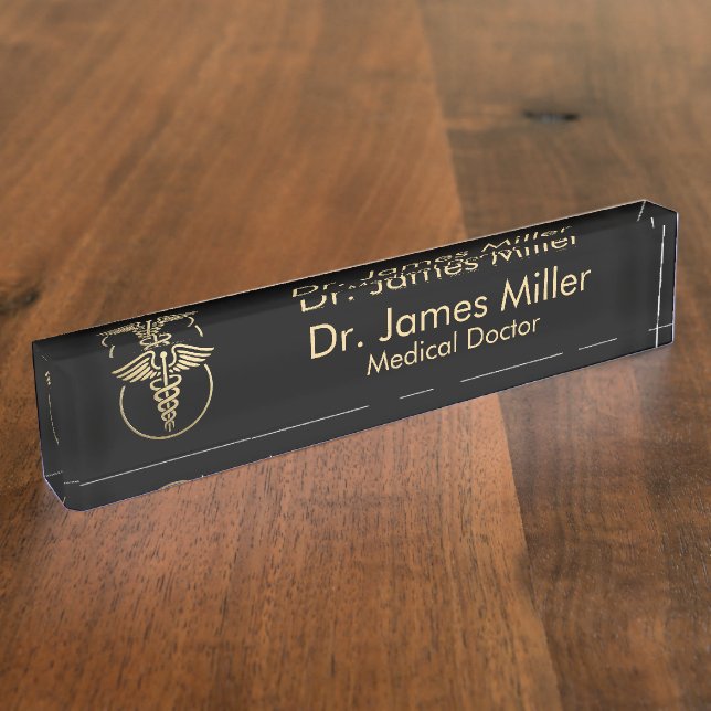 Add Your Name Medical Caduceus Symbol Black Gold   Nameplate (Side)