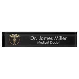 Add Your Name Medical Caduceus Symbol Black Gold   Nameplate
