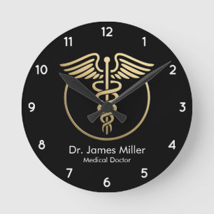 Add Your Name Medical Caduceus Symbol Black Gold Round Clock