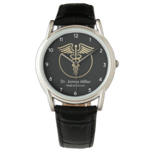 Add Your Name Medical Caduceus Symbol Black Gold Watch