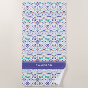 Add Your Name Mexican Bird Tile Folk Art Pattern Beach Towel