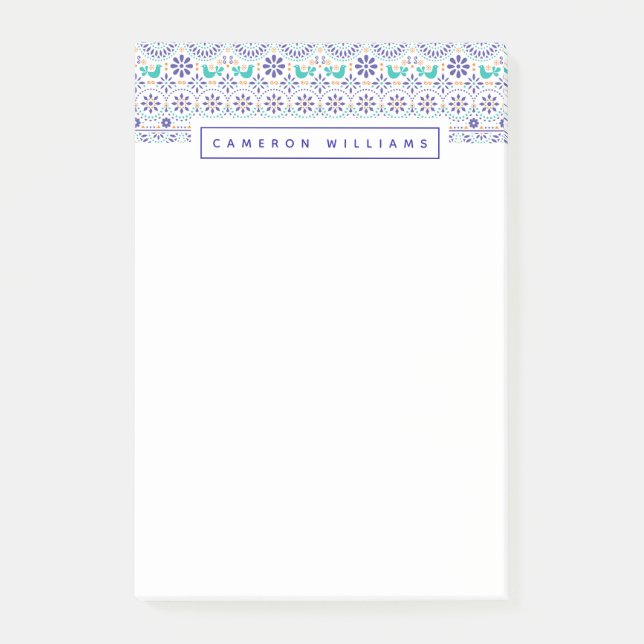 Add Your Name | Mexican Bird Tile Folk Art Pattern Post-it Notes (Front)