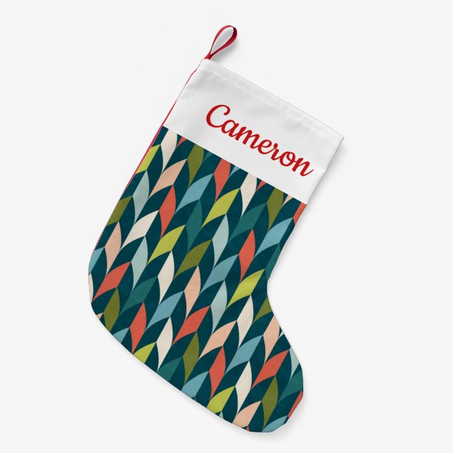 Add Your Name | Mid-Century Modern Teal & Coral Small Christmas Stocking (Front (Hanging))