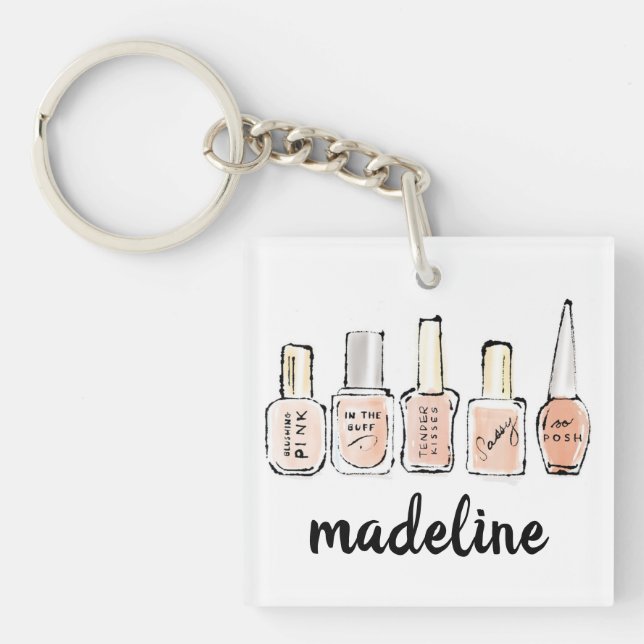 Add Your Name | Modern Pink Nail Polish Sketch Key Ring (Front)
