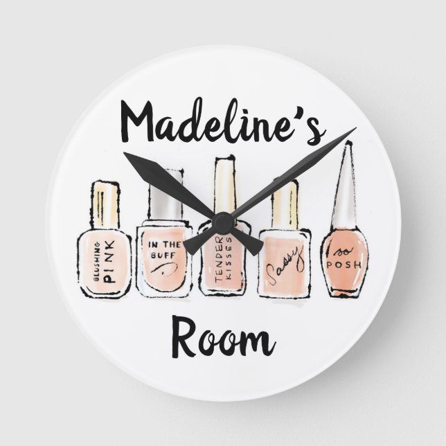 Add Your Name | Modern Pink Nail Polish Sketch Round Clock (Front)