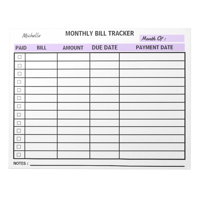 Add Your Name Monthly Bill Tracker Personalised  Notepad (Front)