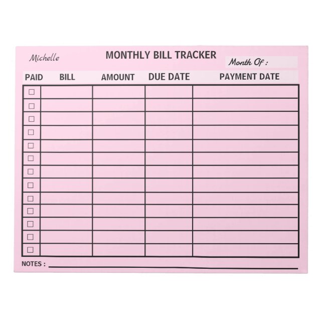 Add Your Name Monthly Bill Tracker Personalised  Notepad (Front)