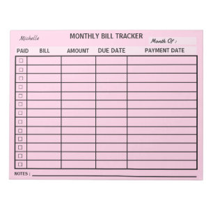 Add Your Name Monthly Bill Tracker Personalized  Notepad