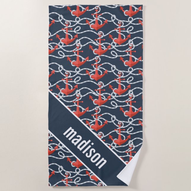 Add Your Name | Nautical Anchors And Rope Pattern Beach Towel (Front)