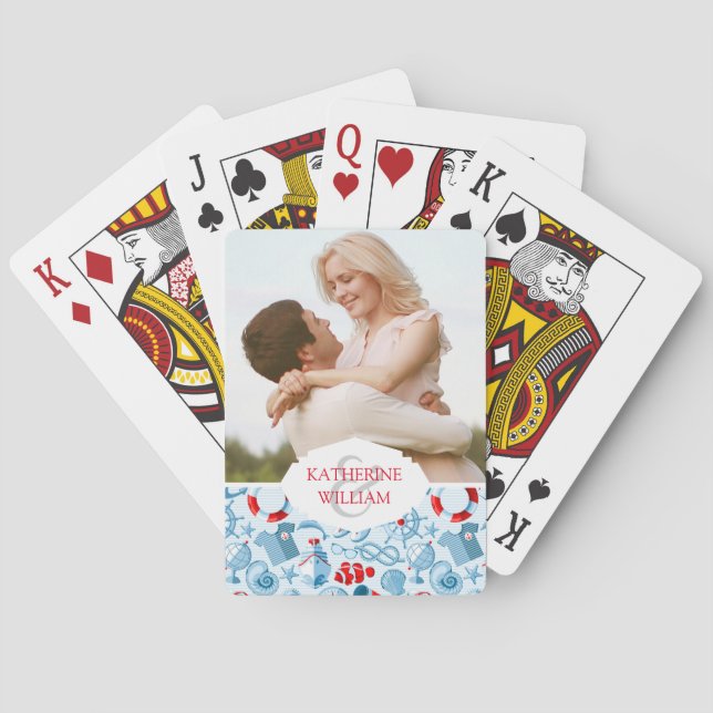 Add Your Name | Nautical Red White And Blue Playing Cards (Back)