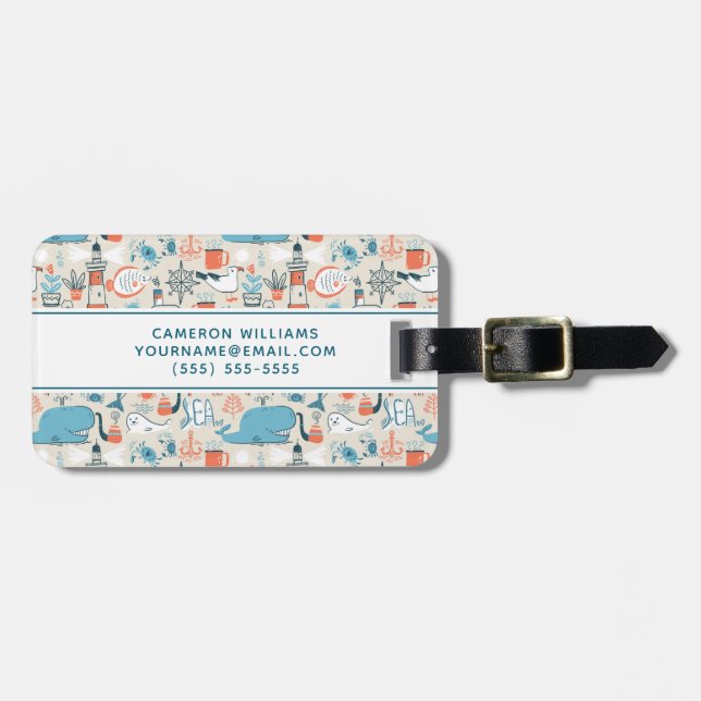 Add Your Name | North Sea Cute Doodle Pattern Luggage Tag (Front Horizontal)