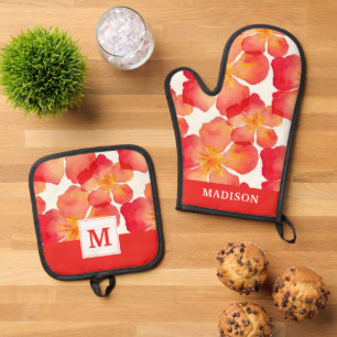 Add Your Name Orange Oleander Floral Pattern Oven Mitt & Pot Holder Set