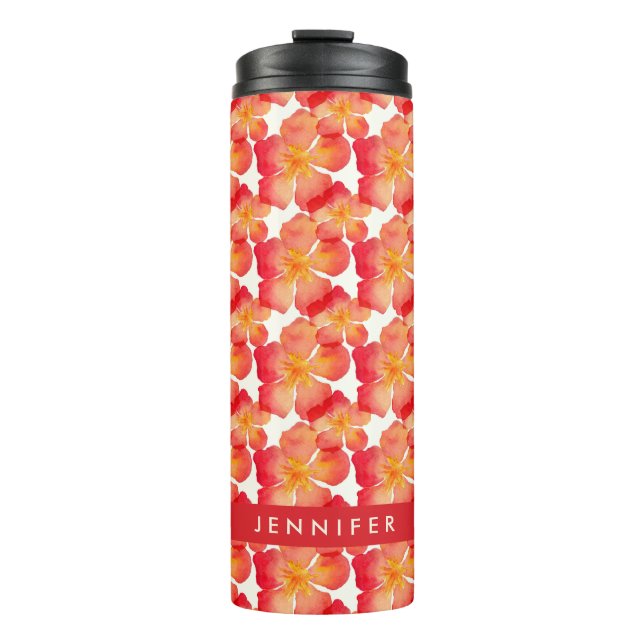 Add Your Name | Orange Oleander Floral Pattern Thermal Tumbler (Front)