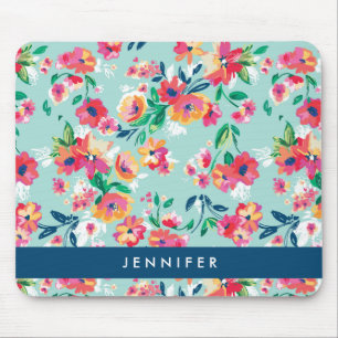 Add Your Name Painted Flowers Pattern Mouse Mat