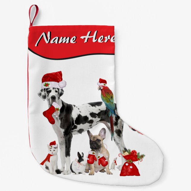 Add Your Name Pet Shop Veterinarian Santa Pets Small Christmas Stocking (Front)