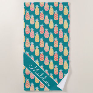 Add Your Name   Pineapple Doodle Pattern Beach Towel