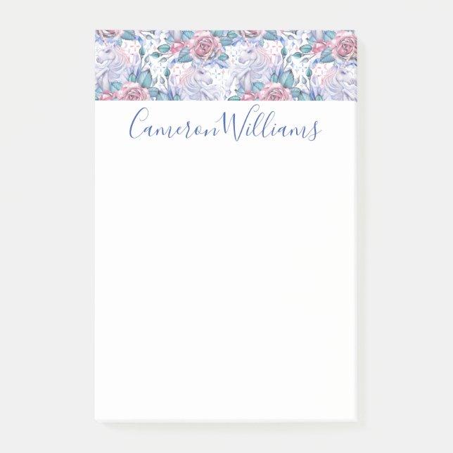Add Your Name | Pink & Blue Rose Pattern Post-it Notes (Front)