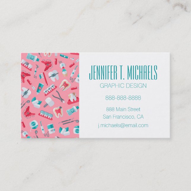 Add Your Name | Pink Dental Pattern Business Card (Front)