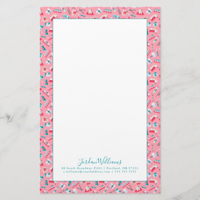 Add Your Name | Pink Dental Pattern Stationery (Front)