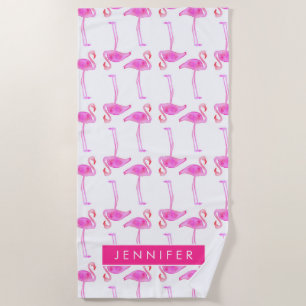 Add Your Name Pink Flamingo Pattern Beach Towel