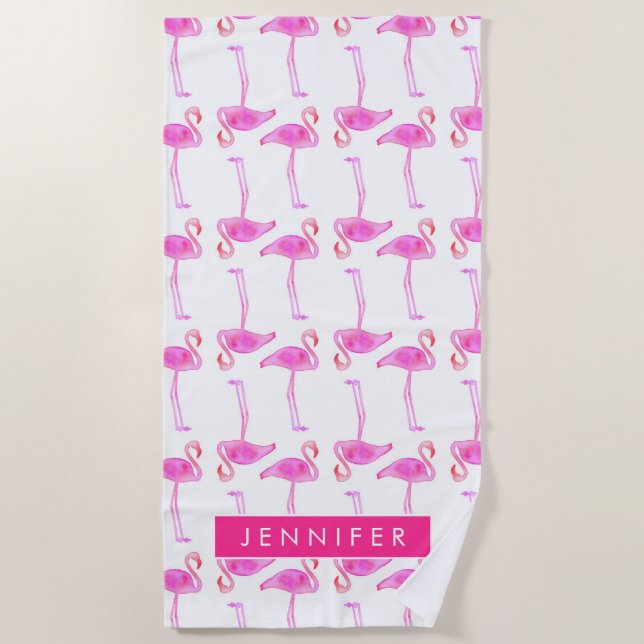 Add Your Name | Pink Flamingo Pattern Beach Towel (Front)