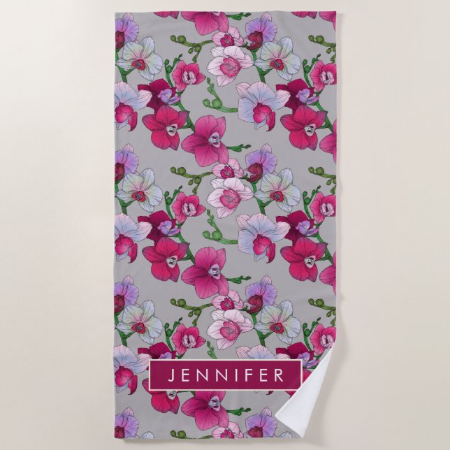 Add Your Name | Pink Orchids In Bloom Beach Towel (Front)