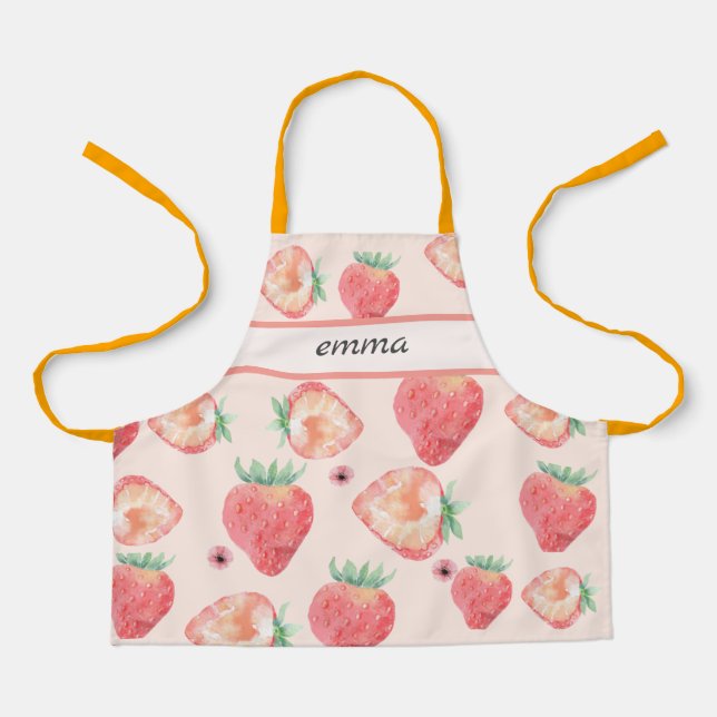 Add your Name | pink strawberry apron for kids (Front)