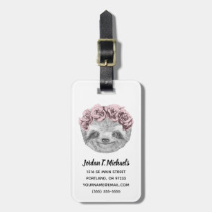 Add Your Name   Portrait Of Sloth Floral Wreath Luggage Tag