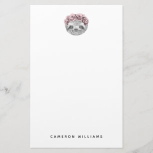 Add Your Name   Portrait Of Sloth Floral Wreath Stationery