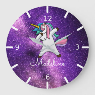 ADD YOUR NAME/Purple Space Dabbing Unicorn Square Large Clock