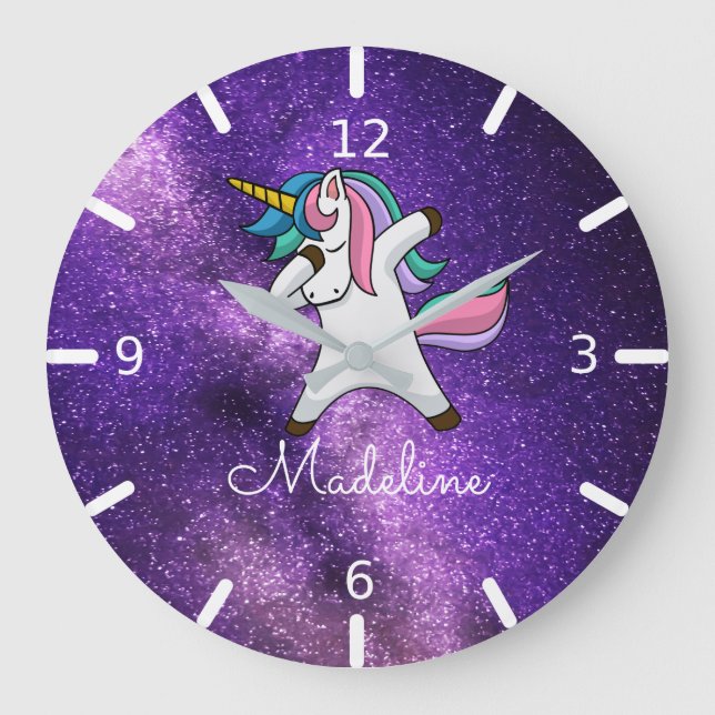 ADD YOUR NAME/Purple Space Dabbing Unicorn  Square Large Clock (Front)