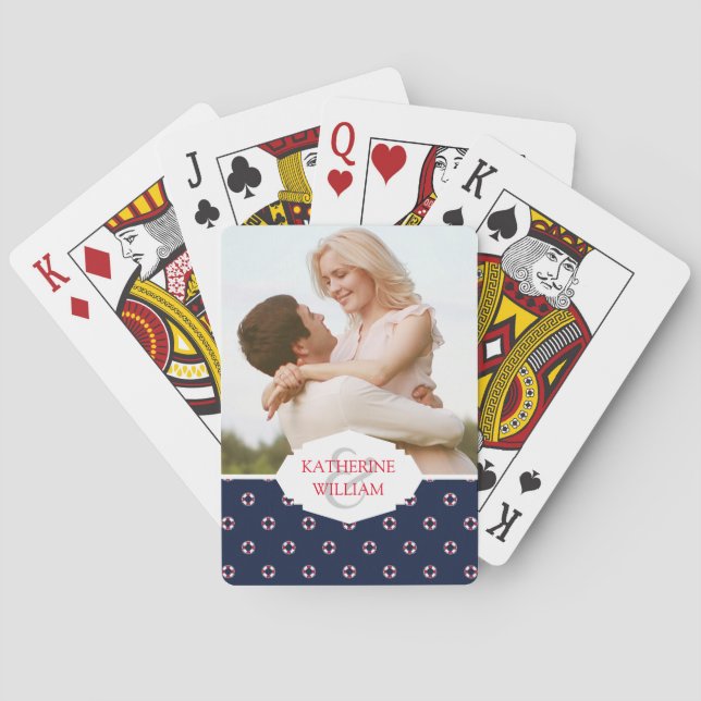 Add Your Name | Red And White Buoy Pattern Playing Cards (Back)