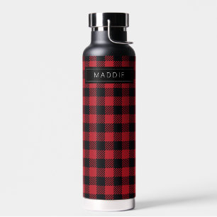 ADD YOUR NAME   Red & Black Buffalo Checks Water Bottle